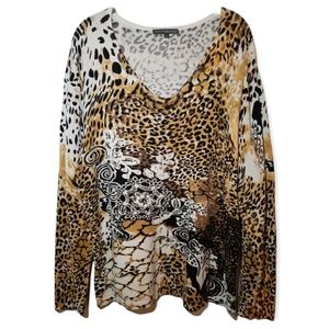 Pierre New York Ladies Braun Beige Safari Style Long Sleeve V-Neck Top Size 2X